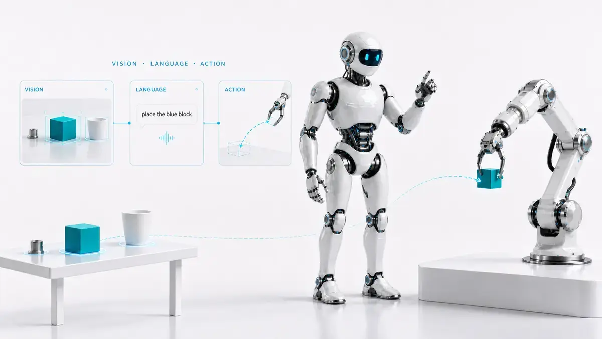 Infographic showing a robot learning pipeline from 3D-aware perception through vision-language reasoning to action.