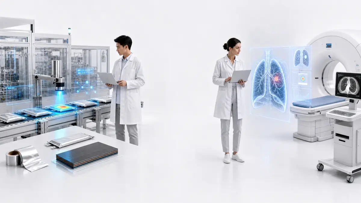 Infographic connecting industrial fault analytics, medical image intelligence, and deployment validation.