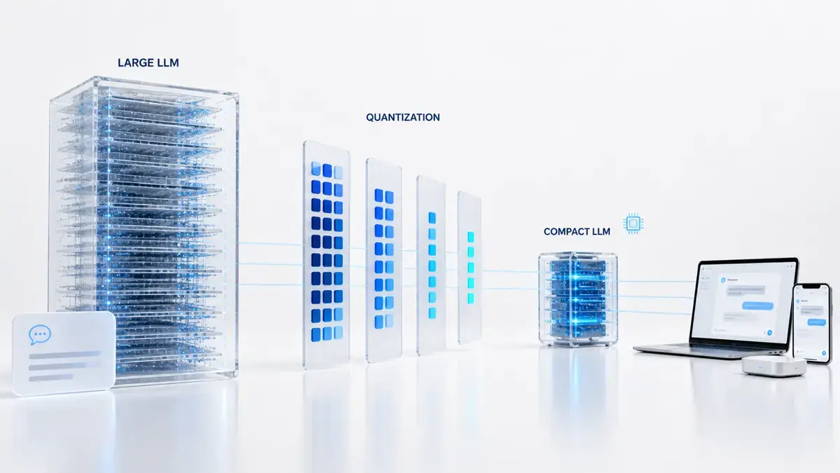 Infographic showing large-model compression, runtime optimization, and practical language-model deployment.