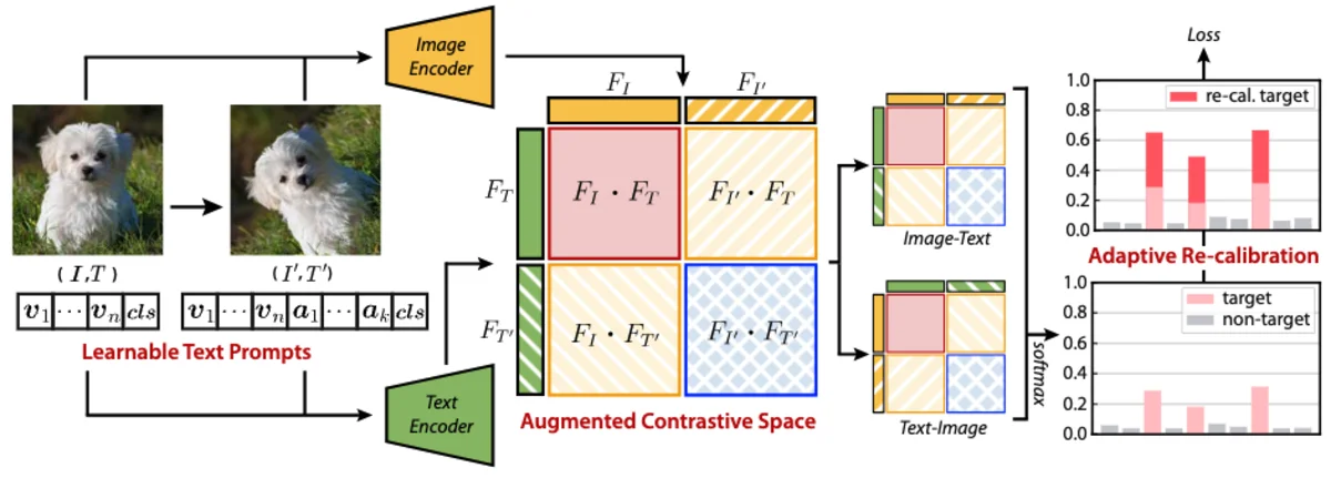 Figure 1 illustrating learnable text prompts and an augmented contrastive space built from image and text encoders over transformed image-text pairs, with adaptive re-calibration reweighting the contrastive loss targets.